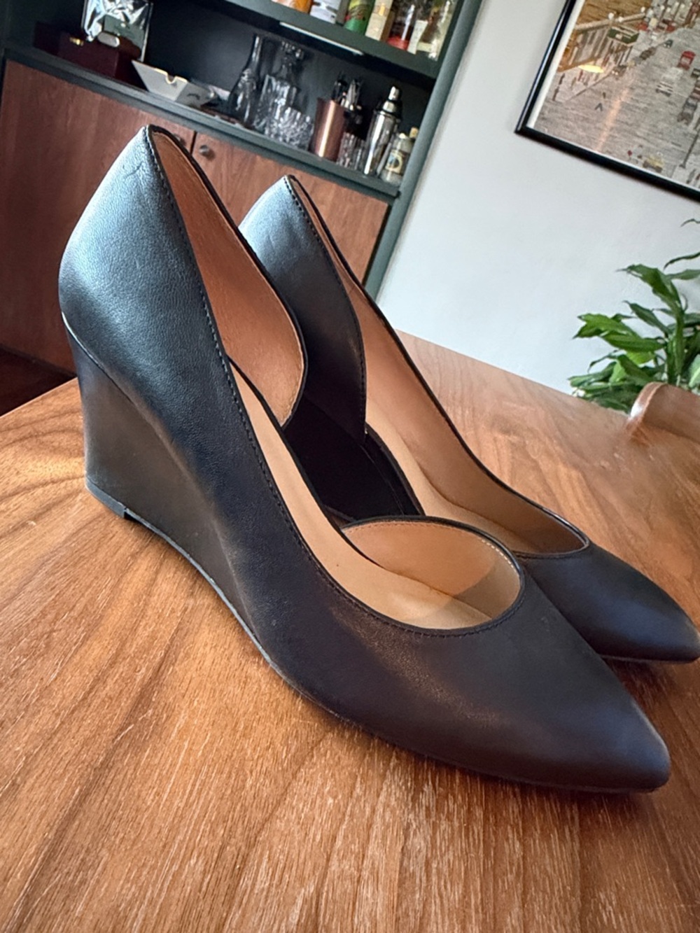Franco Sarto Black Leather Pointed Wedge Pumps
